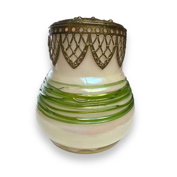 Loetz Czech Opalite Art Glass 1800’s 22k Gilded Lattice Cap Vase - Picture 2 of 7